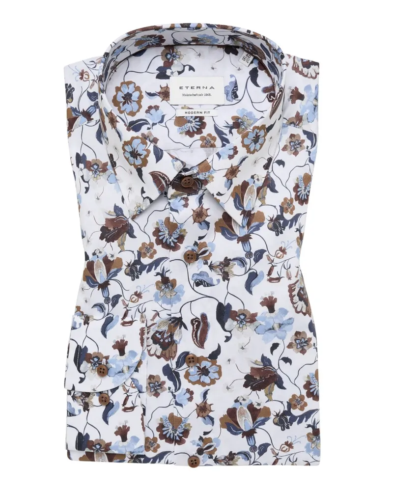 Eterna Bügelfreies Baumwollhemd mit floralem Print, Modern Fit in Weiß