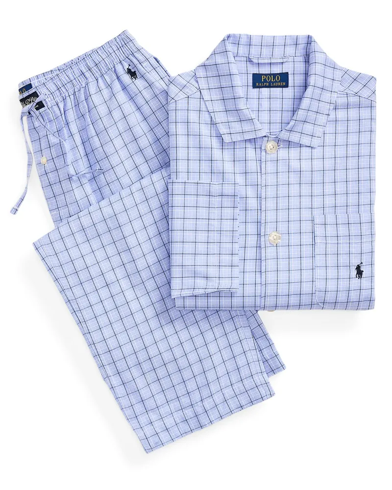 Ralph Lauren Langer Schlafanzug mit Karomuster und Poloreiter-Stickereien in Hellblau