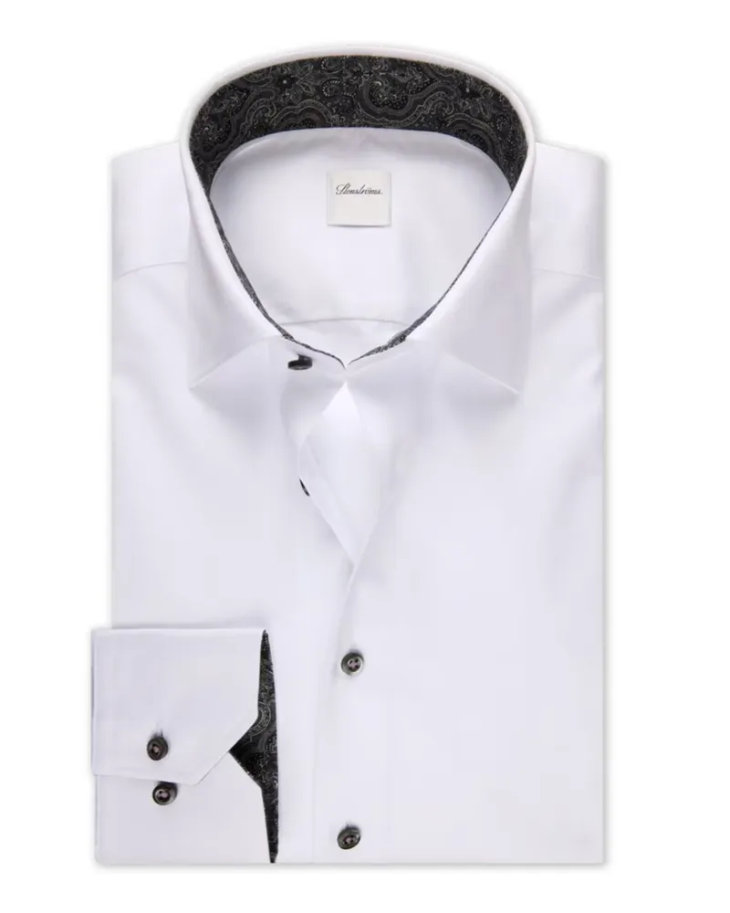 Stenströms Unifarbenes Twill-Hemd mit Ausputz, Extralang, Slimline in Weiß