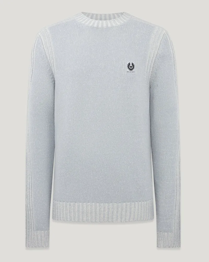 Belstaff Pullover aus Wolle mit Bicolor-Bündchen und Logo-Aufnäher in Hellblau