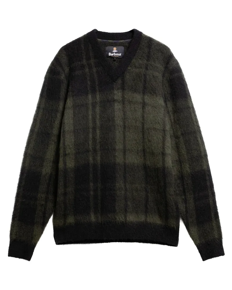 Barbour Flauschiger Pullover Hunham mit Ausschnitt und Tartan-Muster in Dunkelgrün