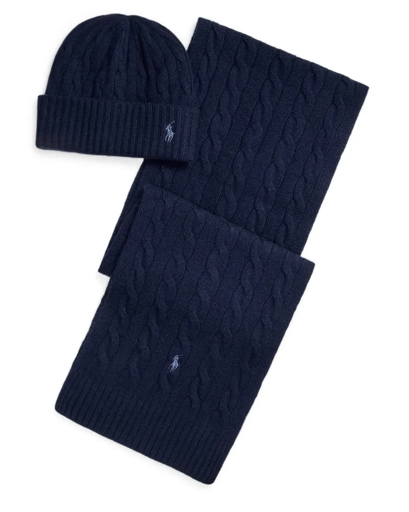 Ralph Lauren Set aus Mütze und Schal in Kaschmir-Qualität mit Logo-Stickerei in Marine
