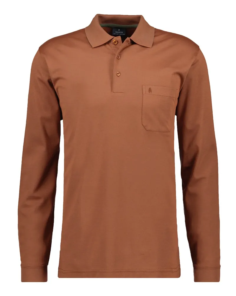 Ragman Soft Knit Langarm-Poloshirt mit Brusttasche und Logo-Stickerei in Orange