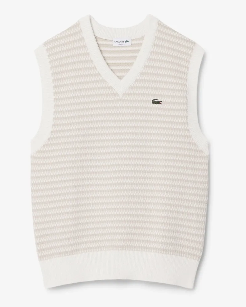 Lacoste V-Ausschnitt Pullunder mit Muster und Struktur, Classic Fit in Offwhite