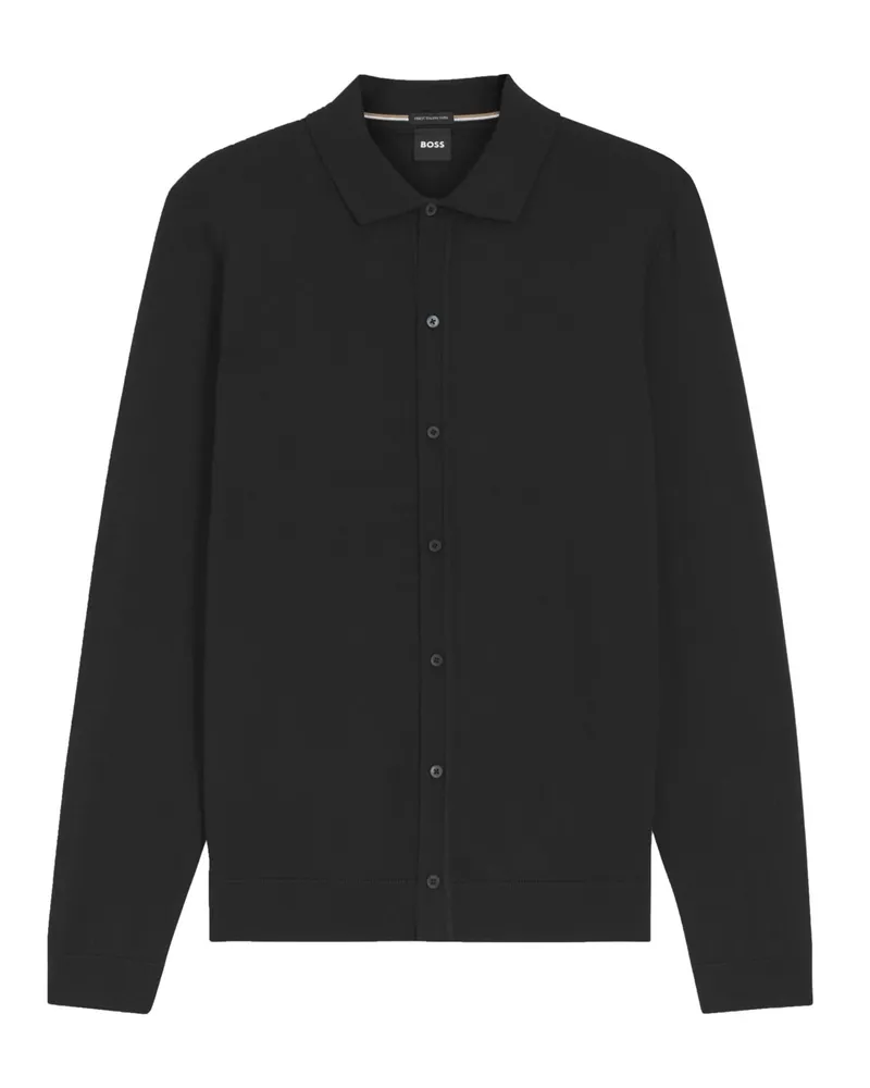 HUGO BOSS Leichtes Strickhemd aus Schurwolle in Schwarz