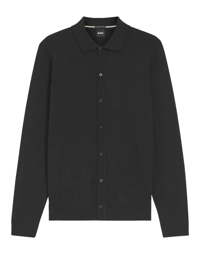 HUGO BOSS Leichtes Strickhemd aus Schurwolle in Schwarz