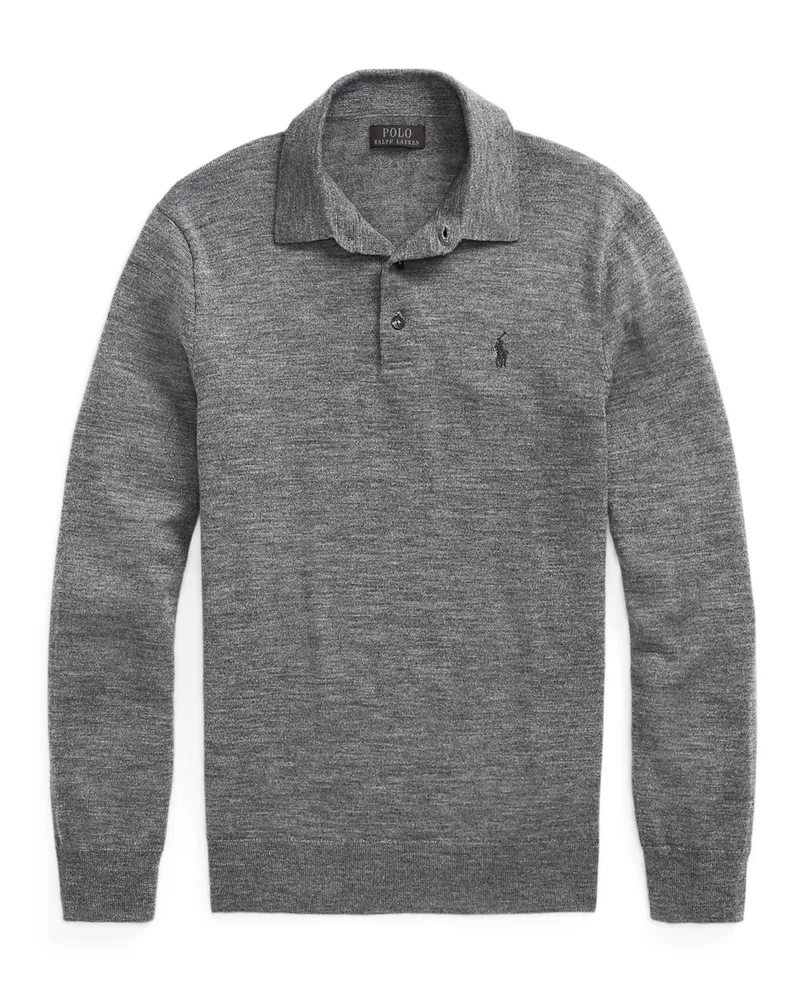 Ralph Lauren Meliertes Langarm Strick-Poloshirt aus Wolle in Grau