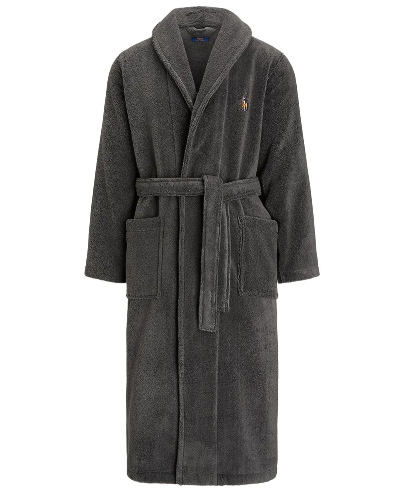Ralph Lauren Frottee-Bademantel mit farbiger Poloreiter-Stickerei in Grau