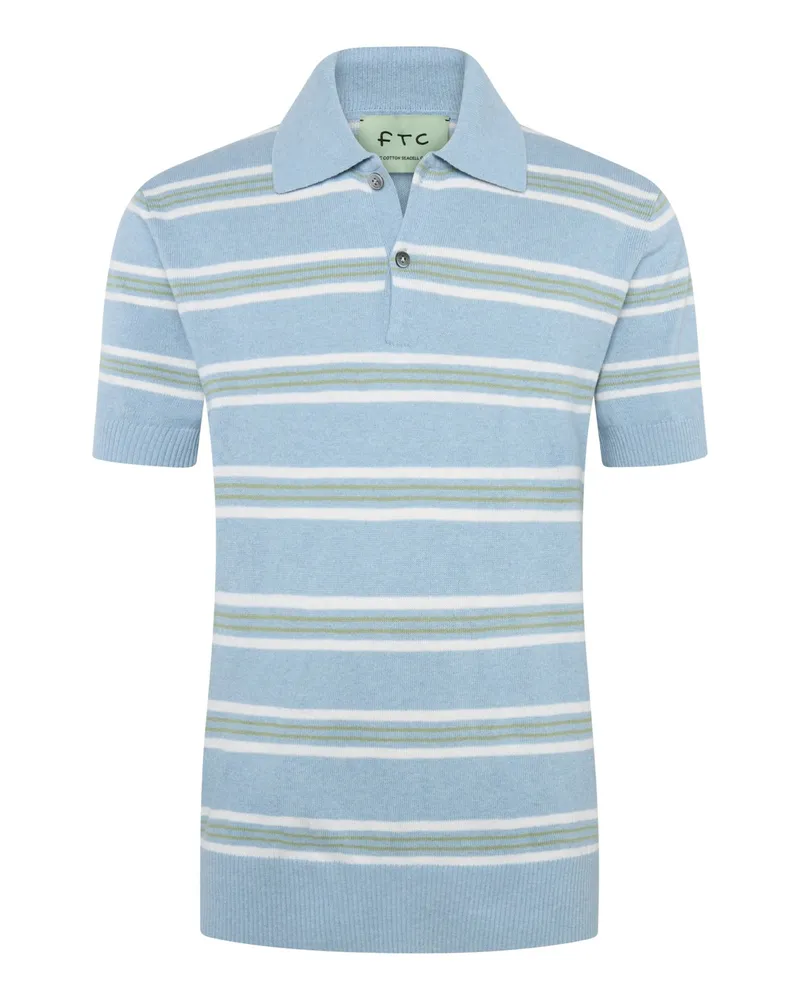 FTC Cashmere Softes Strick-Poloshirt mit Streifen aus einem Baumwolle-Kaschmir-Mix in Hellblau