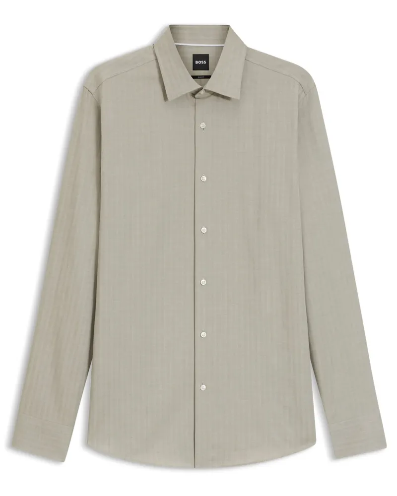 HUGO BOSS Hemd mit gleichfarbigem Fischgrätmuster und Wollanteil,, Slim Fit in Khaki
