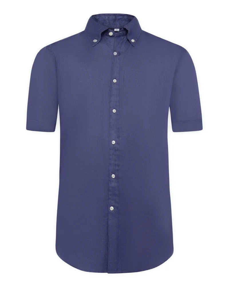 Tom Rusborg Unifarbenes Leinen-Kurzarmhemd mit Button Down-Kragen, Regular in Königsblau