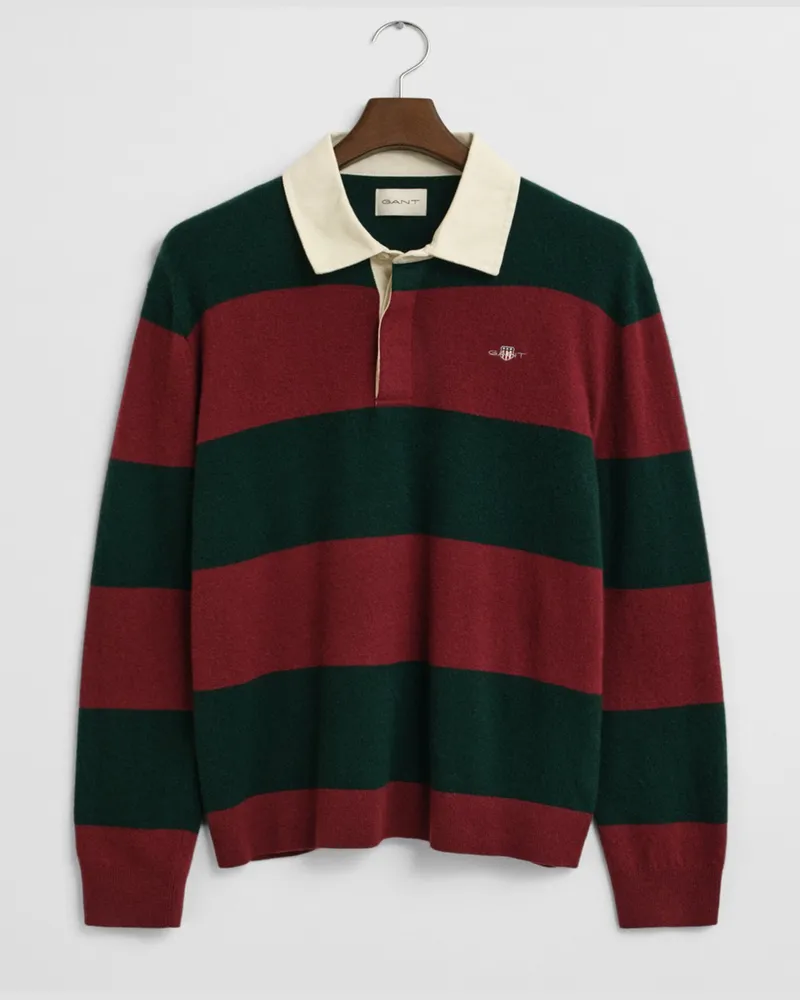 Gant Strick-Rugbyshirt aus Lammwolle mit Streifen, Regular Fit in Grün
