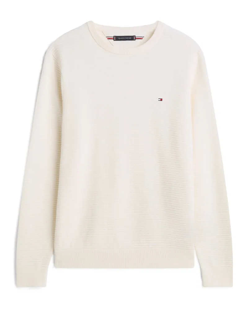 Tommy Hilfiger Rundhals-Pullover aus Baumwolle mit Struktur und Logo-Aufnäher in Offwhite