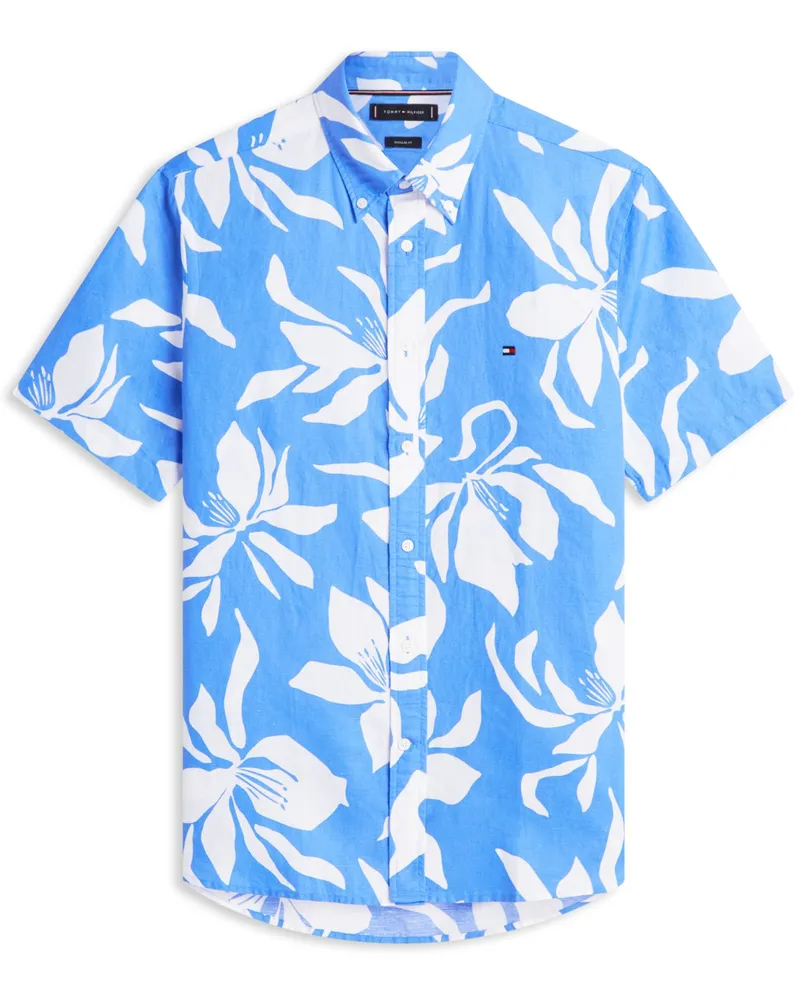 Tommy Hilfiger Kurzarmhemd aus Baumwolle und Leinen mit Print, Regular Fit in Hellblau