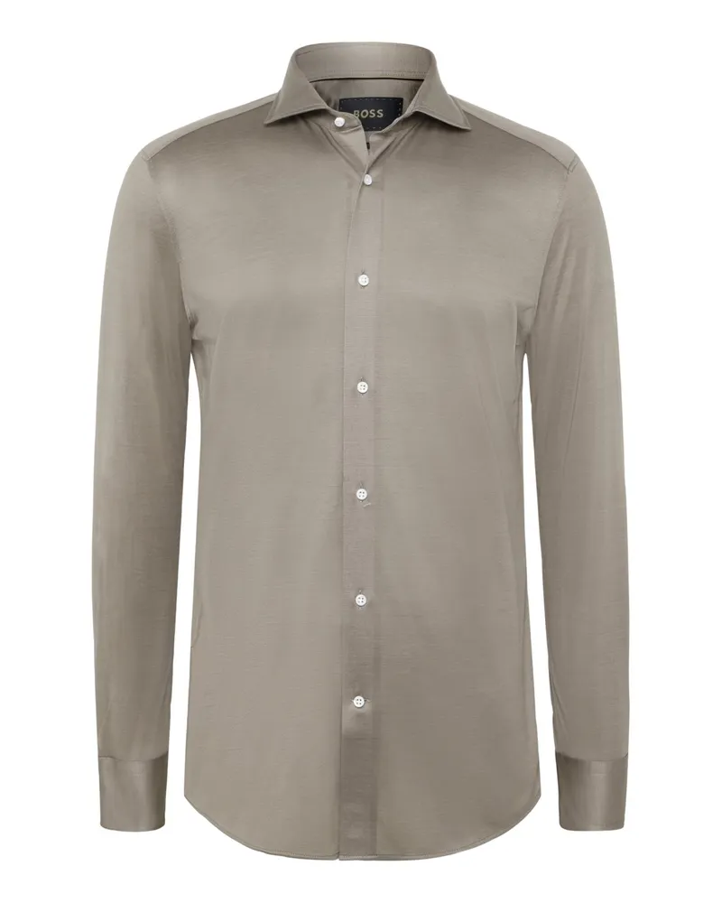 HUGO BOSS Premium Jersey-Hemd L-HAYS mit Haifischkragen, Slim Fit in Beige