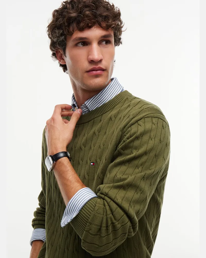 Tommy Hilfiger Leichter Pullover in Zopfstrickmuster und O-Neck in Oliv