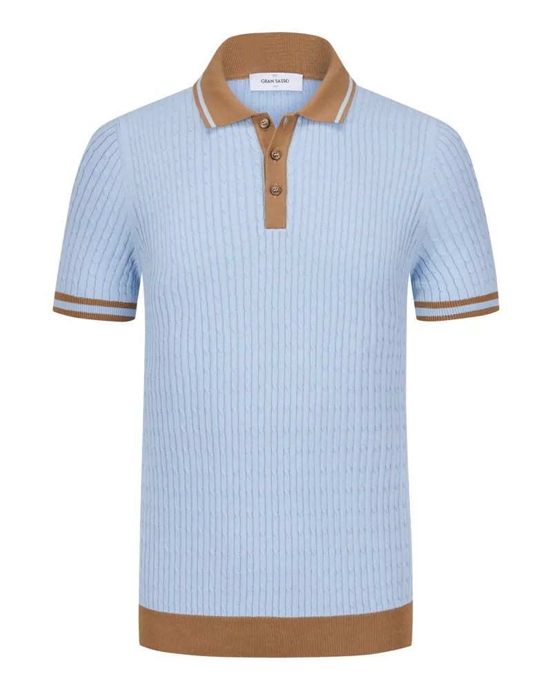 Gran Sasso Feinstrick-Poloshirt mit Zopfmuster und Kontraststreifen in Hellblau