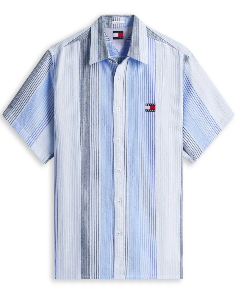 Tommy Hilfiger Kurzarm-Strickhemd aus Baumwolle mit Streifenmuster, Relaxed Fit in Blau