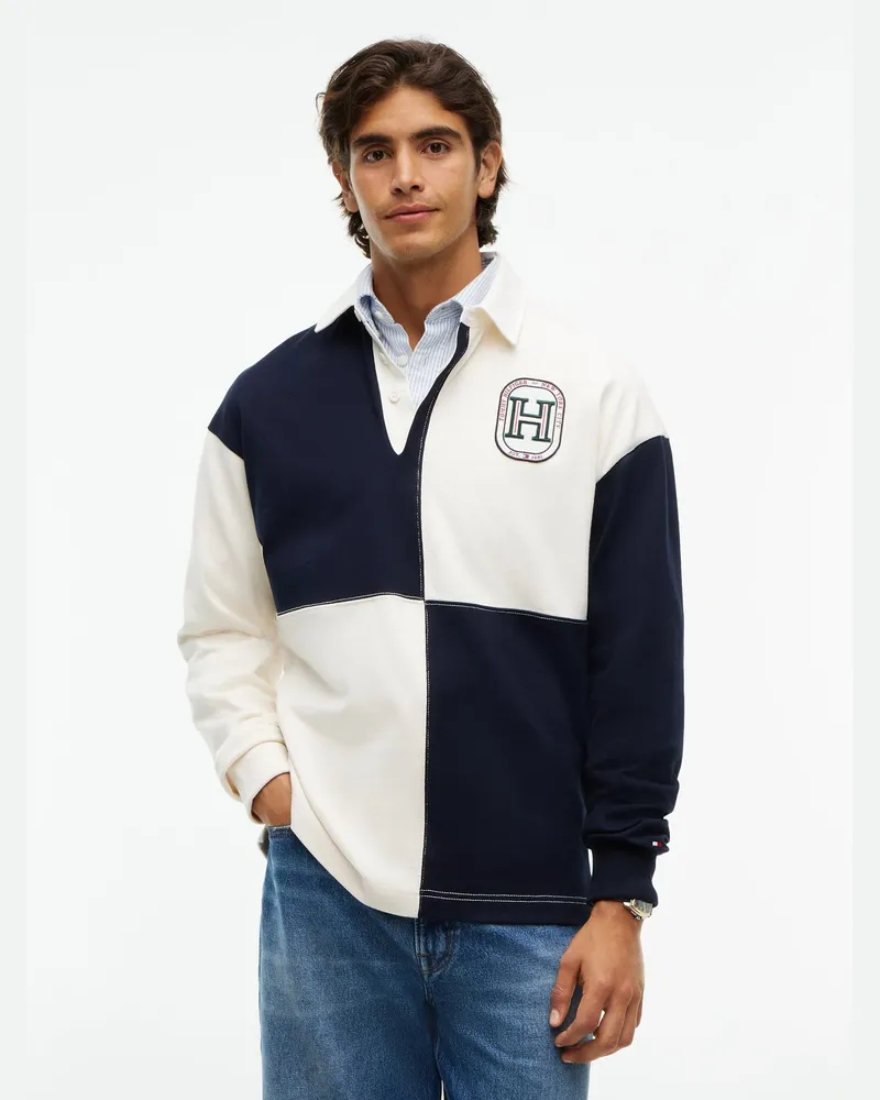 Tommy Hilfiger Rugbyshirt aus Baumwolle mit Karomuster und Logo-Aufnäher in Offwhite