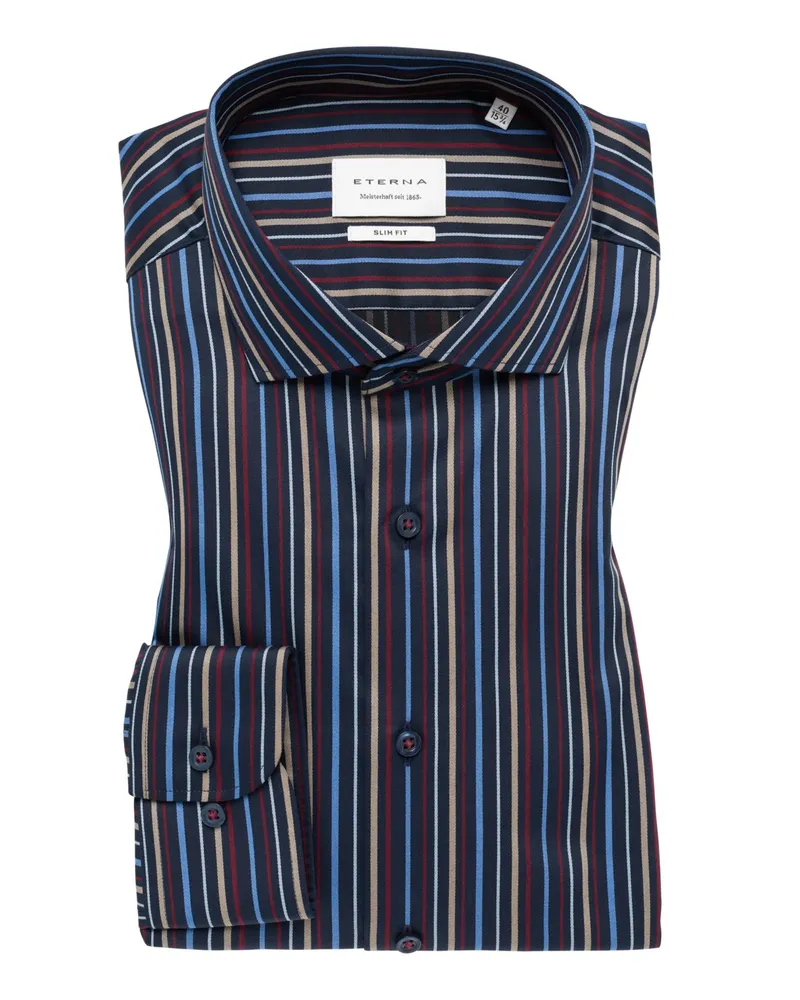 Eterna Bügelfreies Baumwollhemd mit buntem Streifen, Slim Fit in Marine