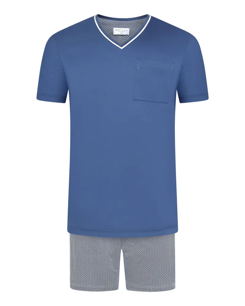 Novila Kurzer Pyjama mit V-Ausschnitt und gemusterter Hose in Marine