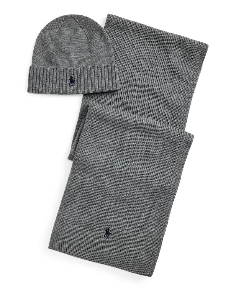 Ralph Lauren Set aus Mütze und Schal aus Wolle in Hellgrau