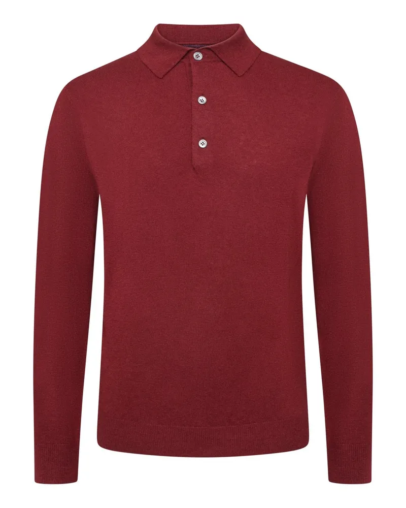 Tom Rusborg Glattstrick-Langarmpoloshirt aus Merinowolle mit Kaschmiranteil in Rot