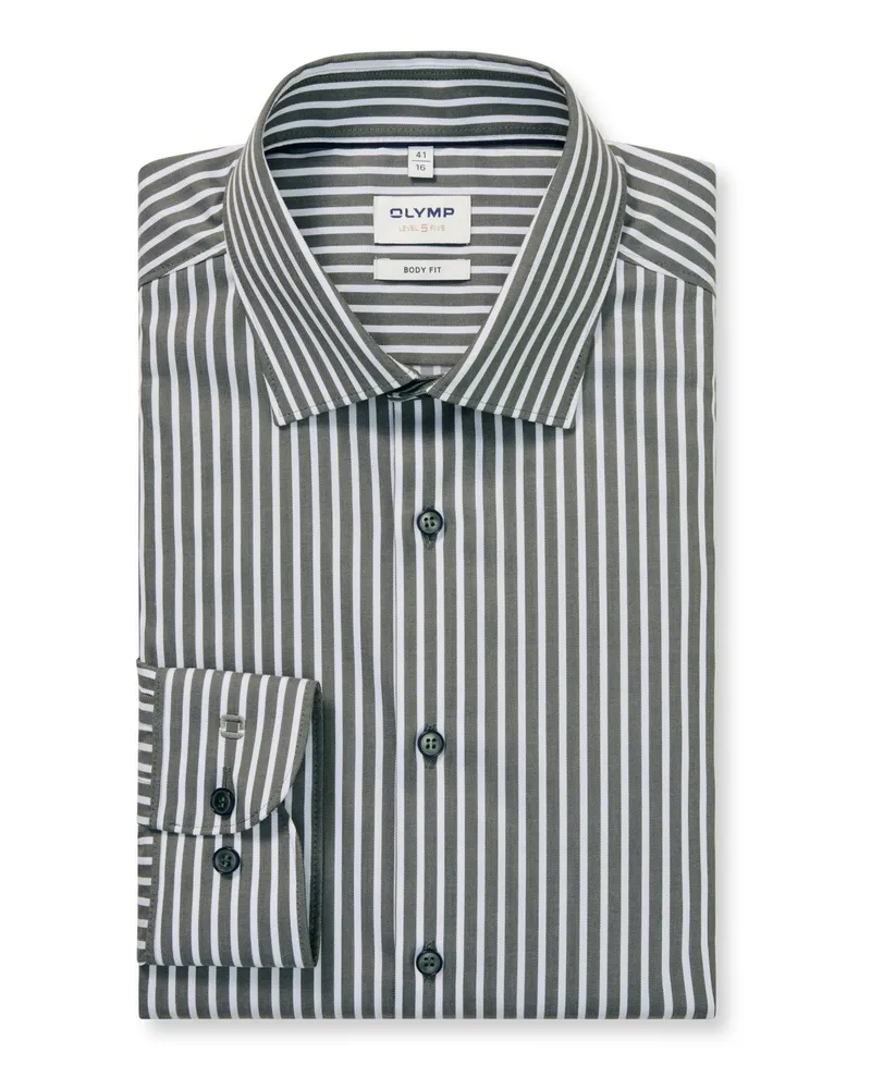 Olymp Level Five, Body Fit, Hemd mit Blockstreifen und Stretch in Oliv