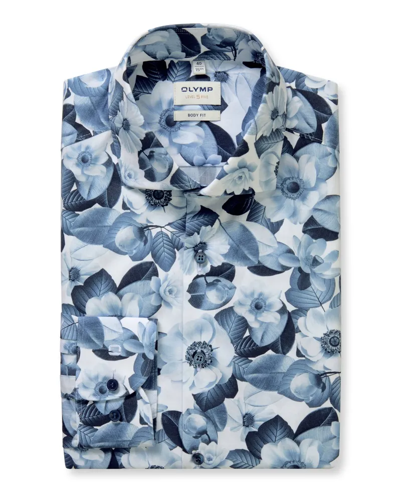 Olymp Level Five, Body Fit, Bügelleichtes Hemd mit floralem Print in Blau