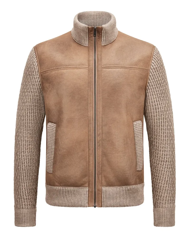Milestone Hybride Strickjacke in Leder-Optik mit Stehkragen in Beige