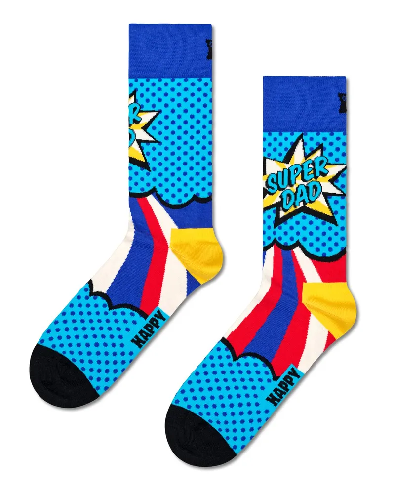 Happy Socks Socken mit Super Dad-Schriftzug in Comic-Print in Hellblau