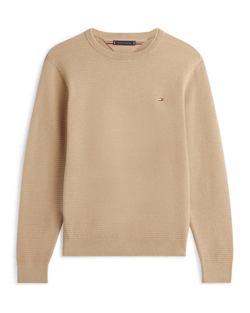 Tommy Hilfiger Rundhals-Pullover aus Baumwolle mit Struktur und Logo-Aufnäher in Beige