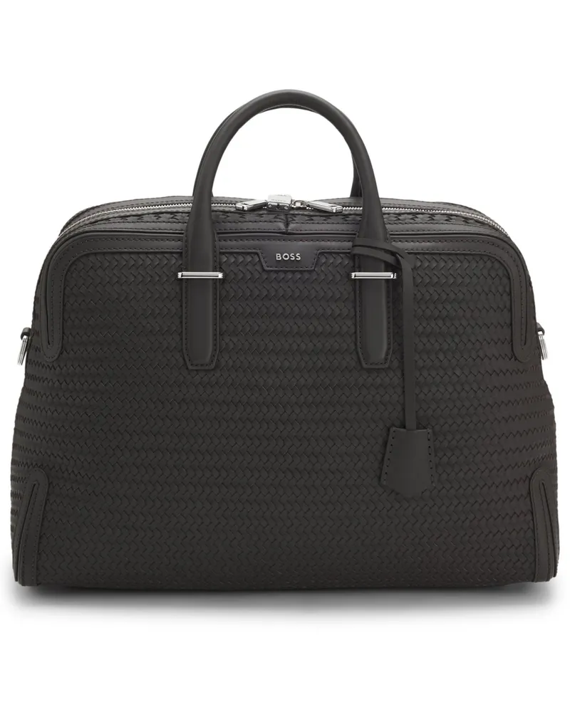 HUGO BOSS Weekender Ledertasche mit Flechtmuster und Schloss in Dunkelbraun
