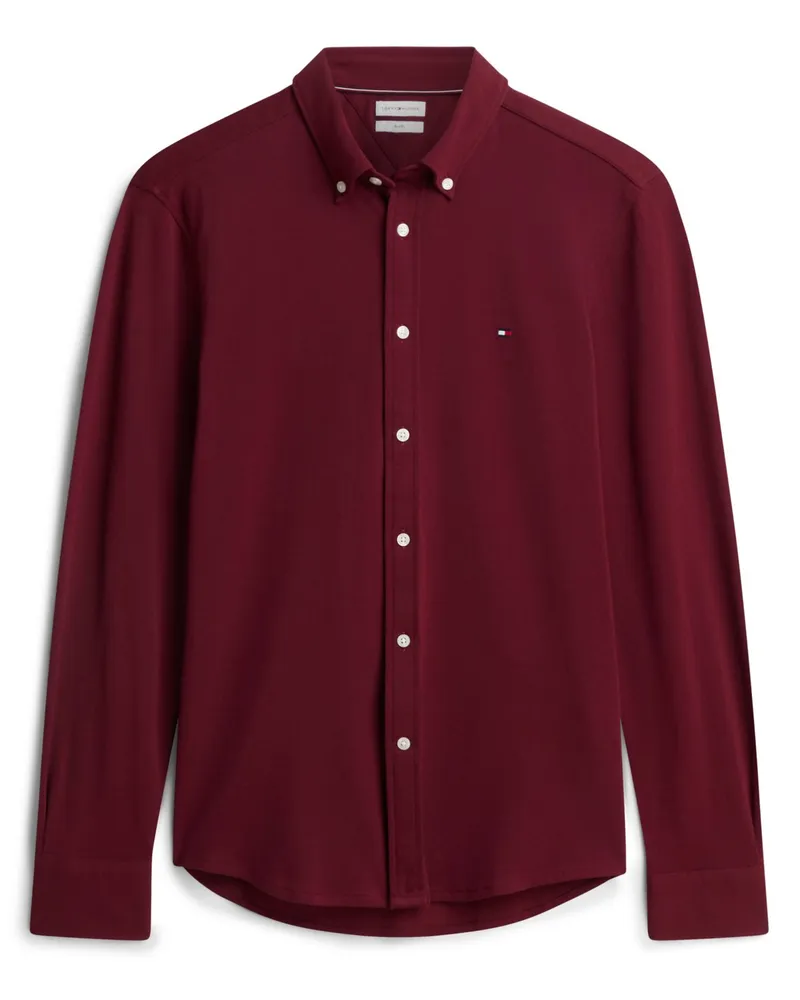 Tommy Hilfiger Unifarbenes Hemd aus elastischem Baumwoll-Piqué, Slim Fit in Bordeaux