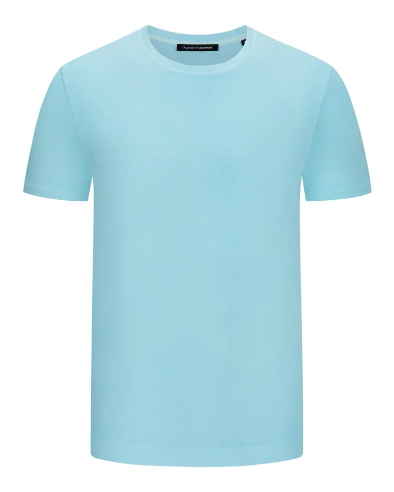 Trusted Handwork Unifarbenes T-Shirt mit O-Neck, Garment Dyed Hellblau