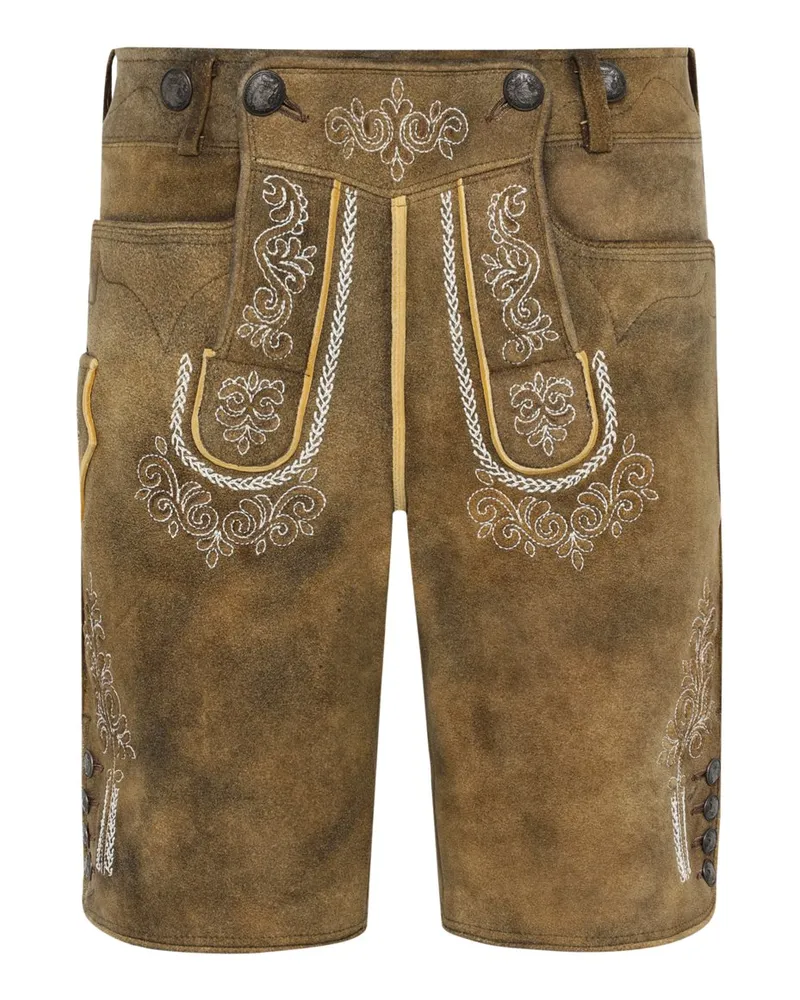 Meindl Traditionelle Trachtenlederhose mit tonaler Stickerei in Braun