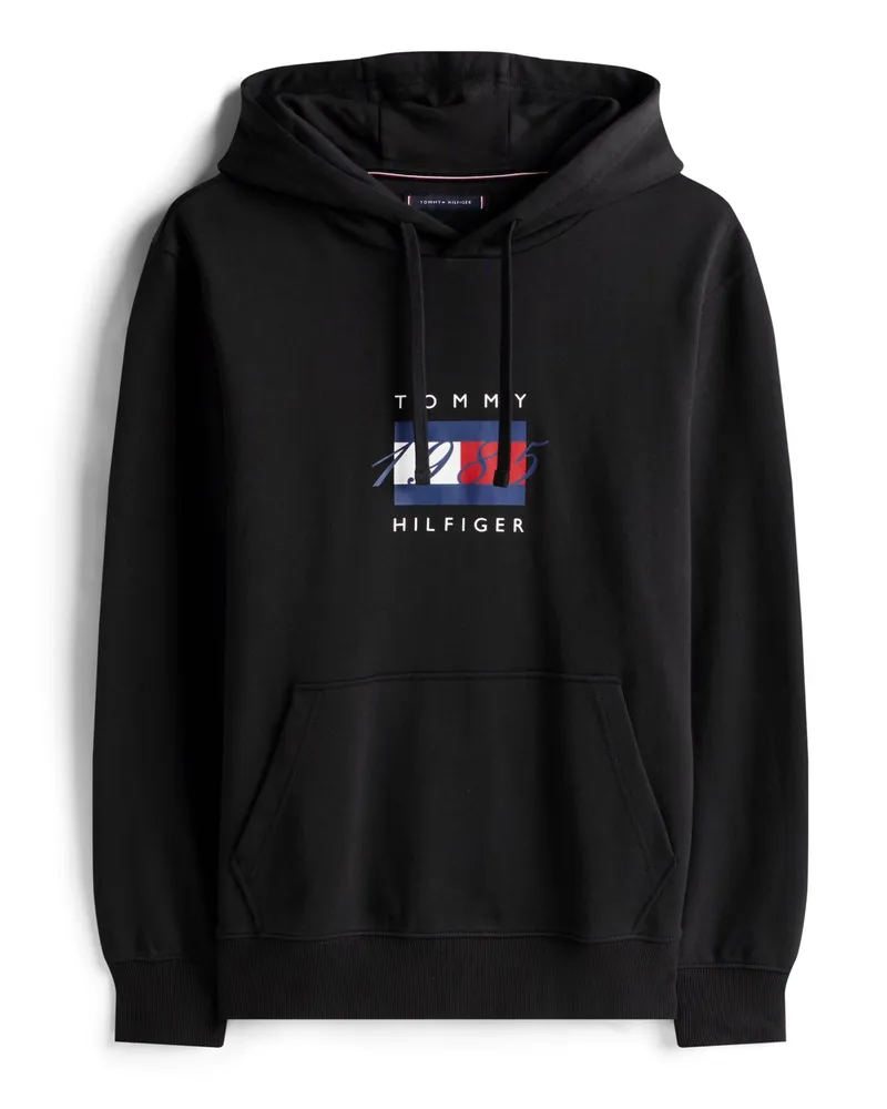 Tommy Hilfiger Softer Hoodie aus Baumwolle mit Logo-Flag auf der Brust in Schwarz