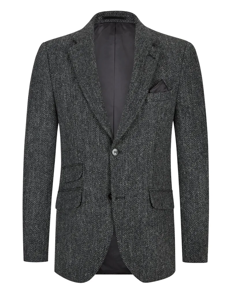 Wellington of Bilmore Sakko London mit Ellenbogenpatches und Fischgrät-Muster in Anthrazit
