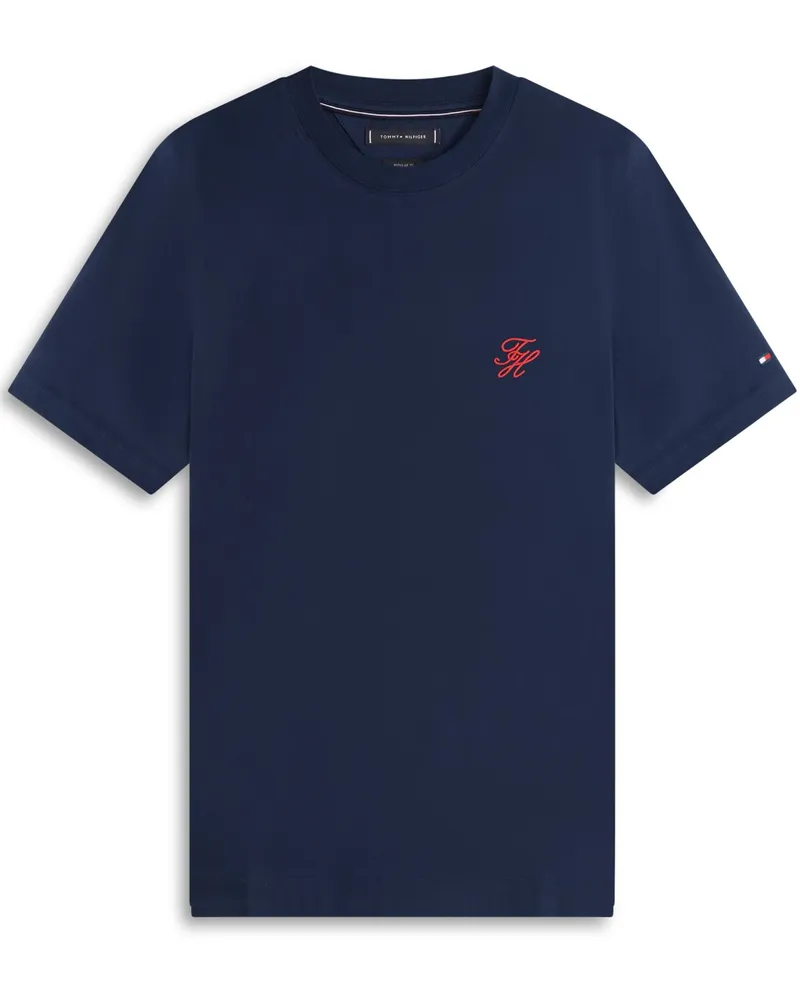 Tommy Hilfiger Glattes T-Shirt aus Baumwolle mit Monogramm-Stickerei, Regular Fit in Marine