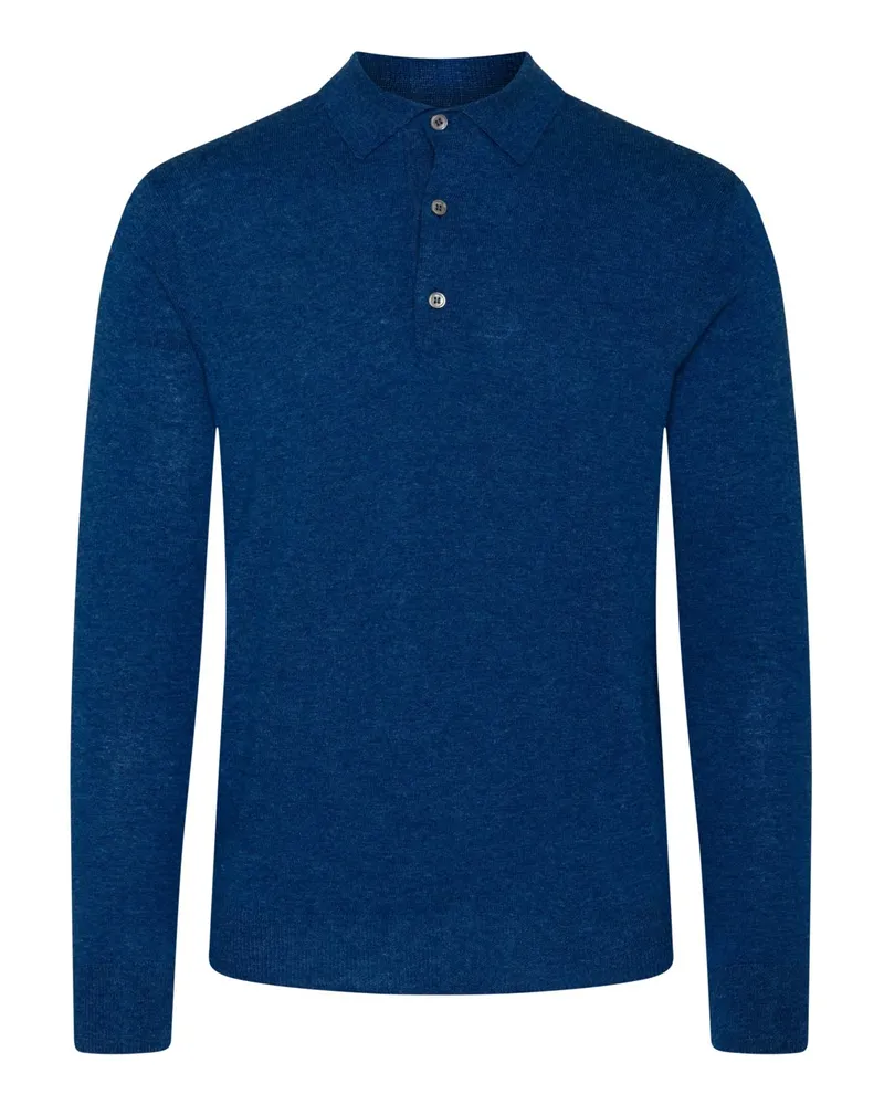 Tom Rusborg Glattstrick-Langarmpoloshirt aus Merinowolle mit Kaschmiranteil in Mittelblau