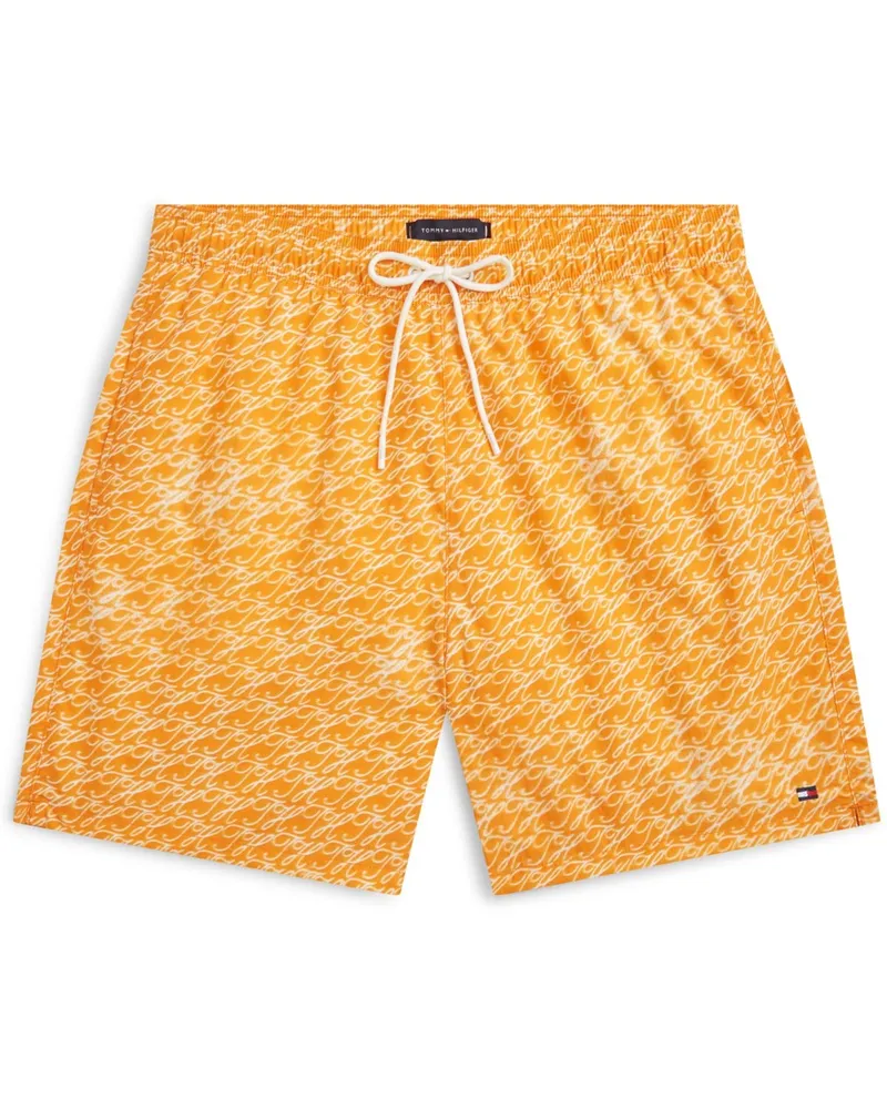Tommy Hilfiger Schnelltrocknende Badeshorts mit Monogramm-Print in Orange