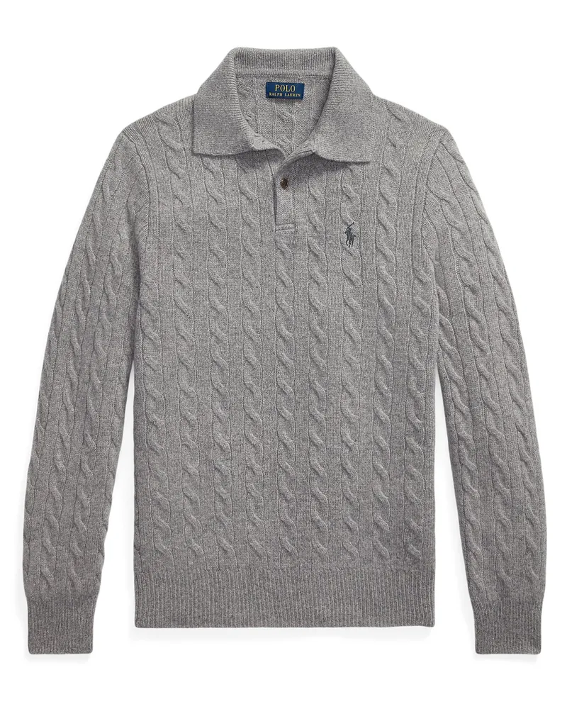 Ralph Lauren Langarm Strick-Poloshirt mit Kaschmir und Zopfmuster in Grau