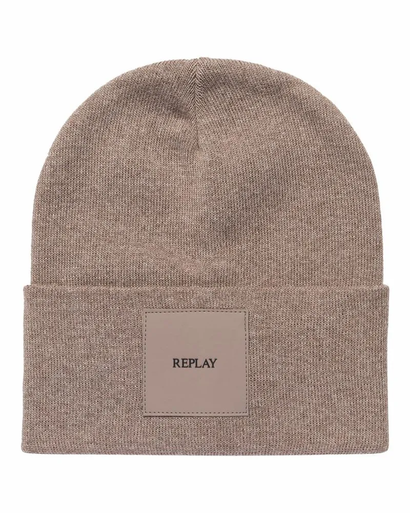 Replay Strickmütze aus einem Baumwollgemisch mit Aufnäher in Beige