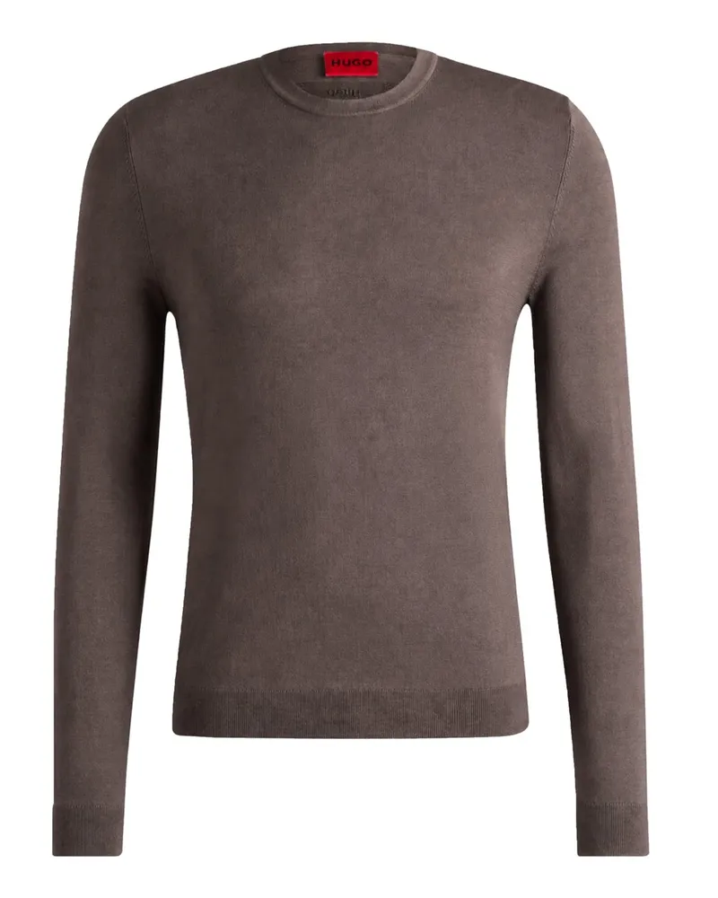 HUGO BOSS Softer Rundhalspullover mit Rippbündchen in Braun