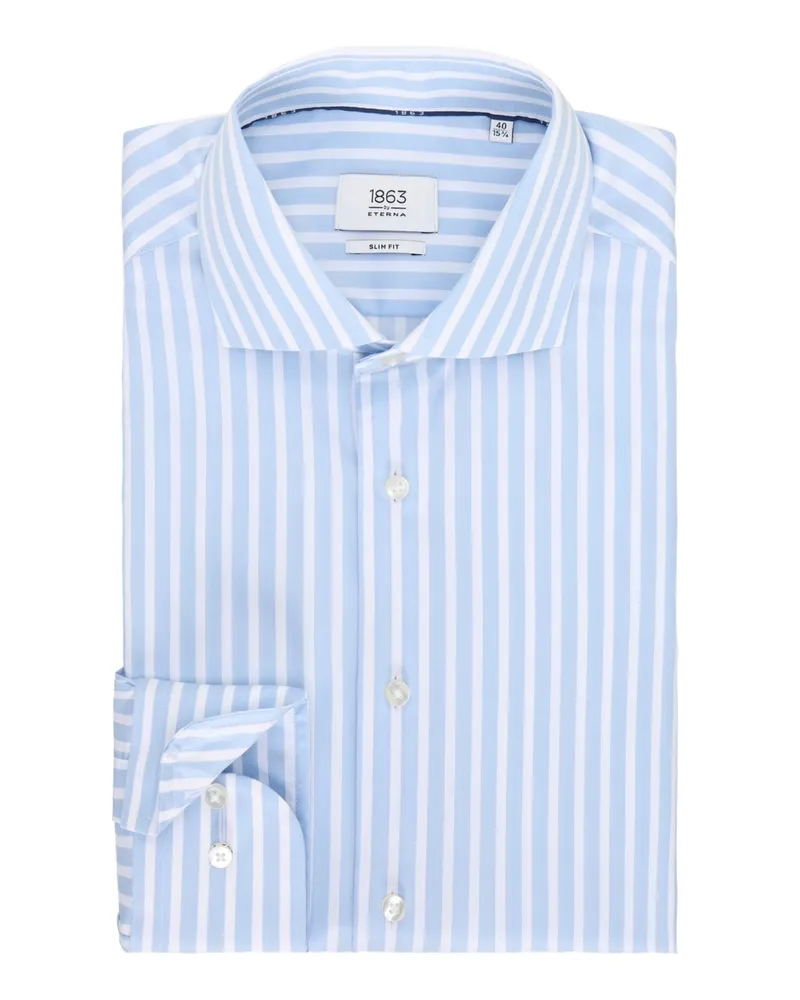 Eterna Bügelfreies Streifenhemd aus Baumwolle mit Haifischkragen in Hellblau