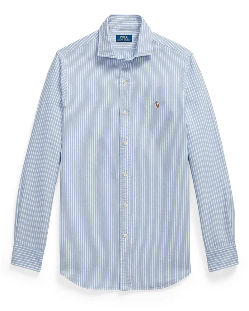 Ralph Lauren Gestreiftes Custom Fit Oxfordhemd mit farbiger Pony-Stickerei in Blau