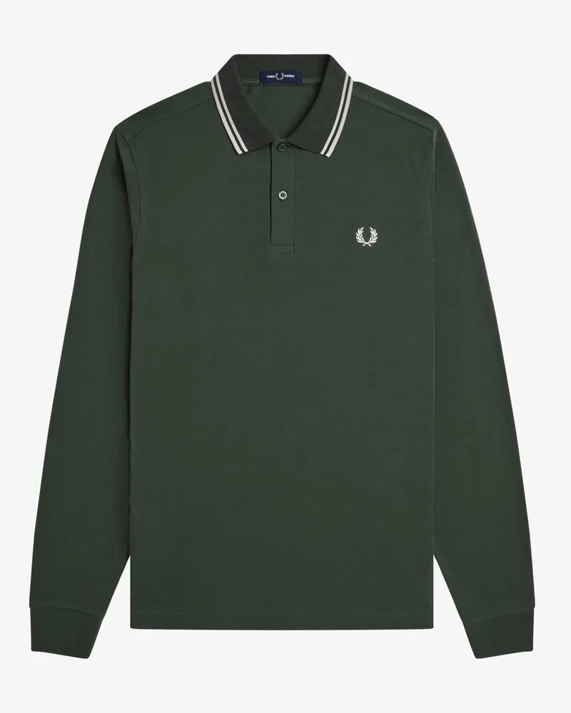 Fred Perry Langarm-Poloshirt aus Baumwoll-Piqué mit Lorbeerkranz-Stickerei in Dunkelgrün