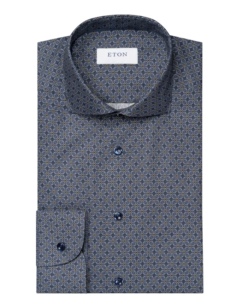 Eton Twill Hemd mit Medaillon-Print, Slim Fit in Marine