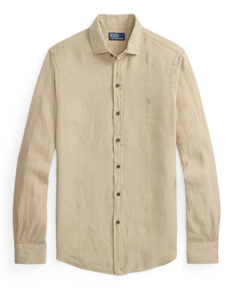 Ralph Lauren Leinenhemd mit Haifischkragen und Logo-Stickerei, Custom Fit in Beige