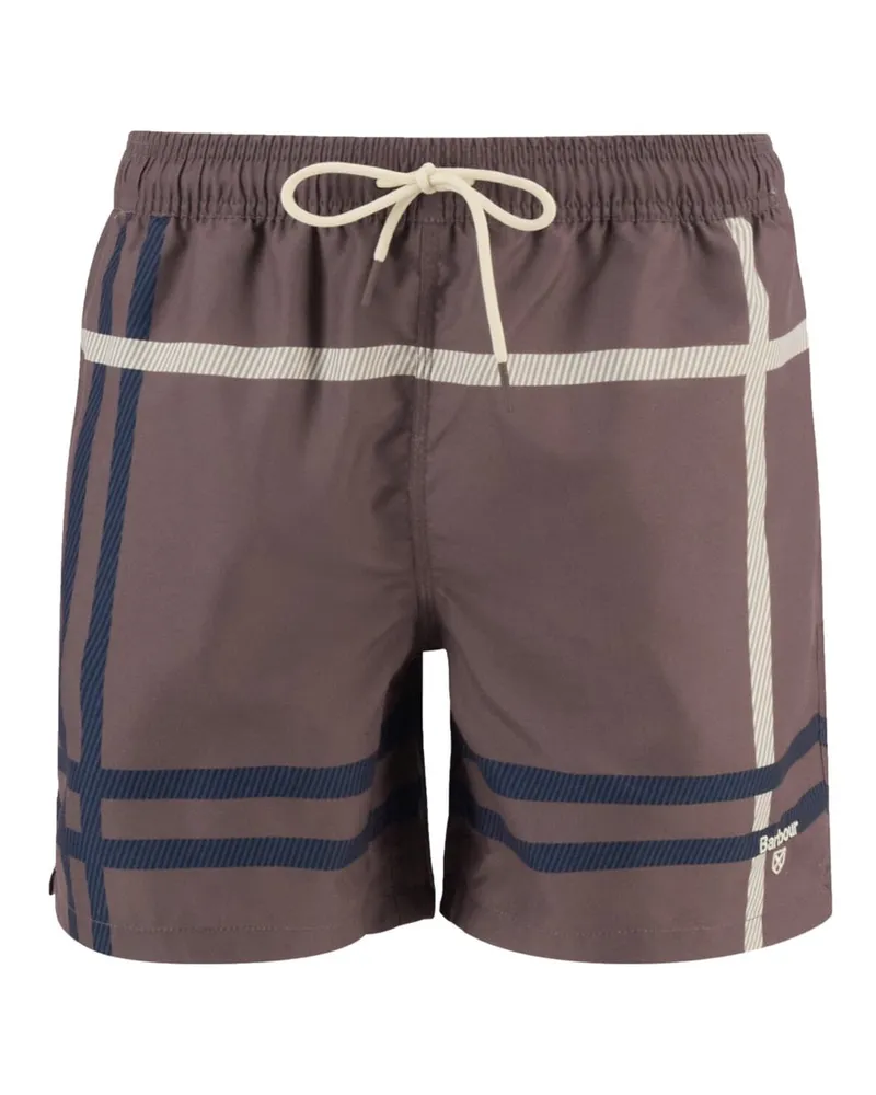 Barbour Badehose mit gesticktem Label-Schriftzug und Tartan-Muster in Aubergine